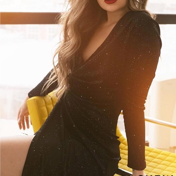 Sparkly Black Velvet Deep V High Slit Midi Dress Long Sleeve - Picture 15 of 15